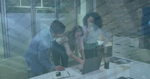 Diverse Team Analyzing Infographic Interface on Laptop