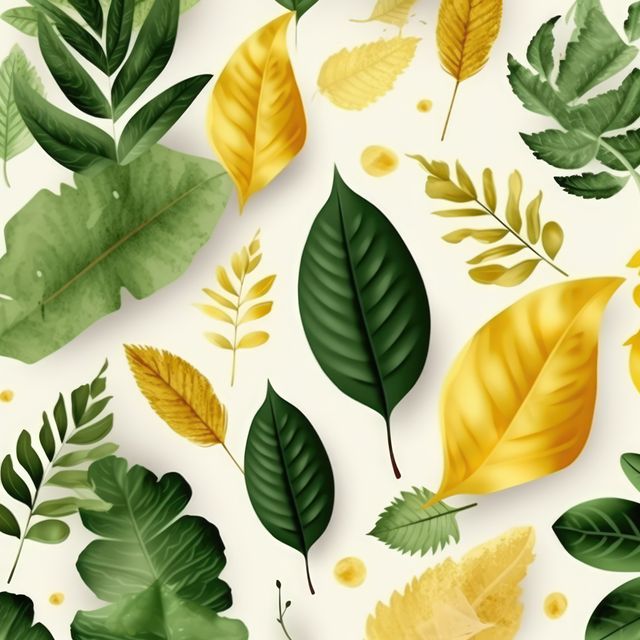 Detailed illustration of alternating golden and green leaves spread out on a white background. Useful for creating nature-themed designs such as wallpapers, textiles, packaging, and digital backgrounds. Great for seasonal decor, particularly autumn projects.