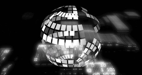 Rotating segmented globe streaming binary data, futuristic monochrome tech matrix sphere