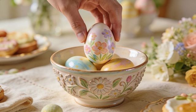 Placing hand-painted easter egg into floral ceramic bowl with pastel pastries on spring table