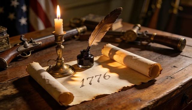 Candlelit 1776 parchment with quill and ink, antique pistols and scrolls, colonial era
