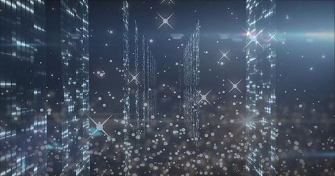 Futuristic glowing towers receding into night with bokeh, starburst flares, light trails