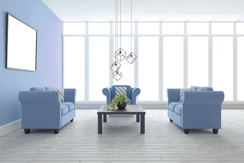 spacious transparent living room with modern blue sofas and large windows - Download Free Stock Videos Pikwizard.com