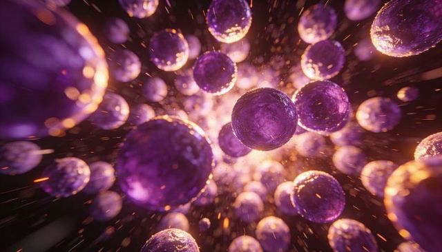 Glowing violet orbs cluster radiating gold sparks and translucent luminous spheres
