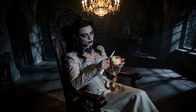 Gothic vampire woman peeling apple while sitting on ornate throne in moonlit medieval hall