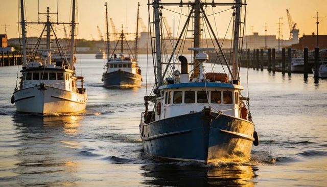 Blue fishing trawler approaching harbor at golden hour, fleet returning to port