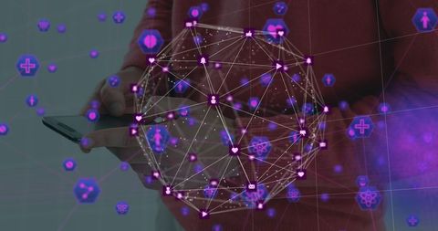 Digital sphere of medical network icons overlay virtual background