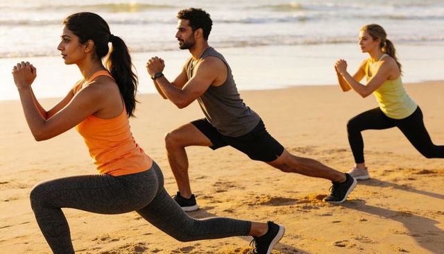 Indian woman leading beach workout trio performing lunges at sunrise for outdoor fitness