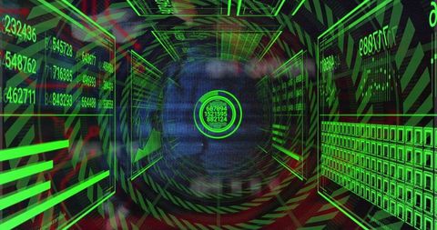 Futuristic digital tunnel with numeric projections and data displays