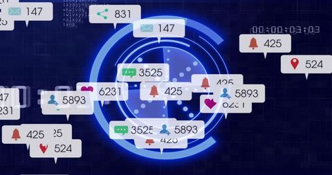Neon hud notification radar displaying floating social alerts, messages, analytics