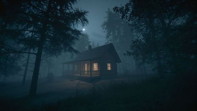Glowing Rustic Cabin in Eerie Moonlit Forest at Night