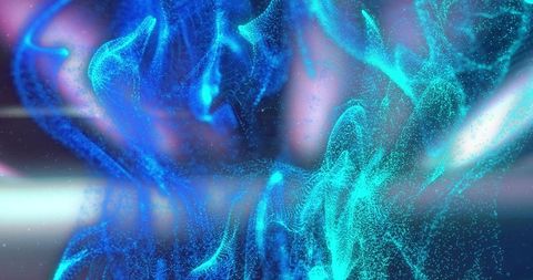 Luminous Blue Particle Cloud Swirling with Turquoise Ribbons and Neon Magenta Glow