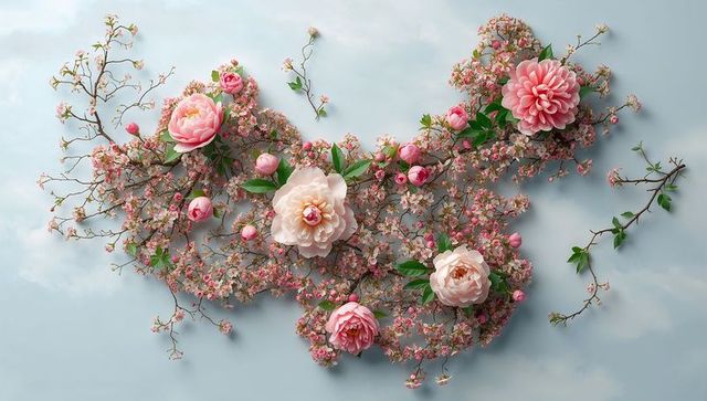 Delicate Floral Composition with Pink Peonies and Blossoms