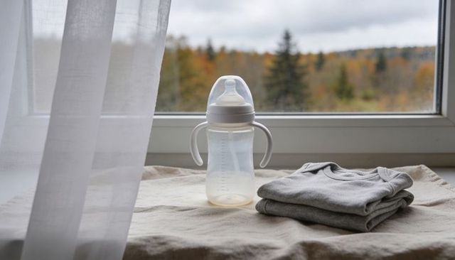 Minimalist baby bottle and folded gray onesies on windowsill with soft autumn light