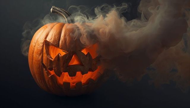 Smoking Jack-O'-Lantern Emitting Eerie Glow in Dark