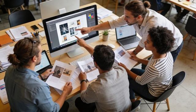 Creative Team Reviewing Print Mockups and Digital Layout on Desktop Computer