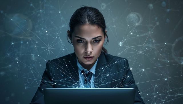Female cybersecurity analyst working on laptop with futuristic network data visualization