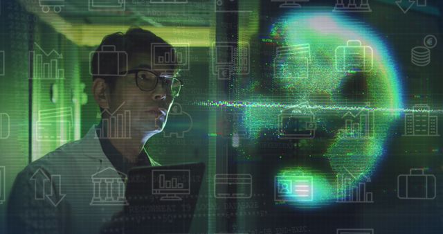 Scientist wearing glasses analyzing digital data displayed on multiple overlay computer screens. Holographic elements and computer graphics create a futuristic research environment. Useful for topics related to technology, innovation, scientific research, data analysis, and advanced computing.
