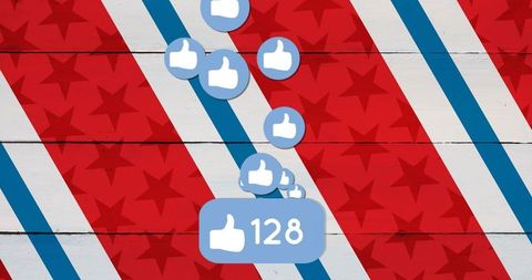 Displaying Patriotic Thumbs-Up Likes Overlay on Painted Wood Flag with 128 Badge