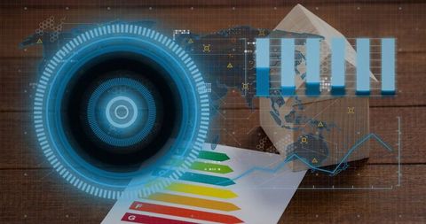 Visualizing home energy efficiency with futuristic HUD analytics and paper house model