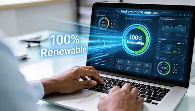 Professional monitoring 100% Renewable energy dashboard on laptop with grid analytics