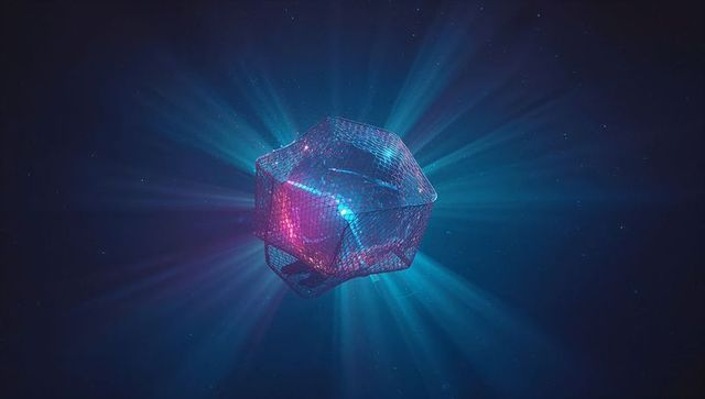 Glowing Wireframe Polyhedron Emitting Neon Beams in Dark Void