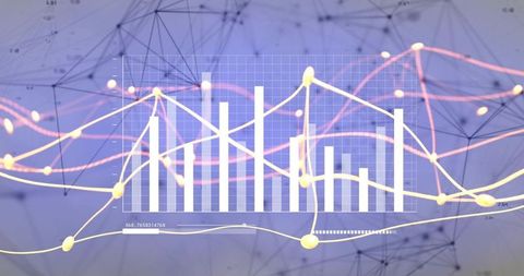 Neon Data Visualization with White Bars, Yellow Pink Lines and Network Mesh for Analytics