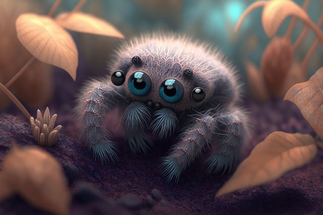 Cute brown spider with orange leaves over forest created using generative ai technology. Animals and nature concept digitally generated image.