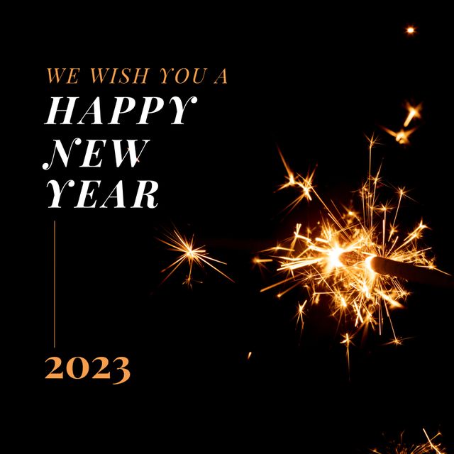 Square image of we wish you a happy new year 2023 and fireworks on black background. New year, tradition, party and celebration concept.