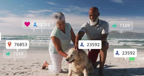 Mature couple kneeling petting golden retriever on sunny beach with social overlays