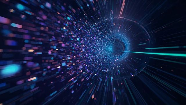 Glowing Digital Data Vortex Emitting Neon Particles and Cyan Beam Inside Futuristic Cyber Tunnel