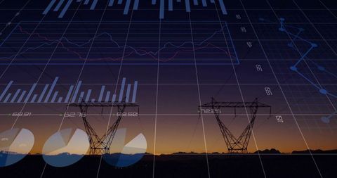 Energy transmission towers at dusk with data overlays for smart grid analytics
