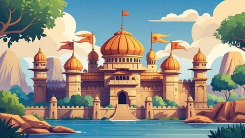 Ornate sandstone palace with domes and orange flags by the water