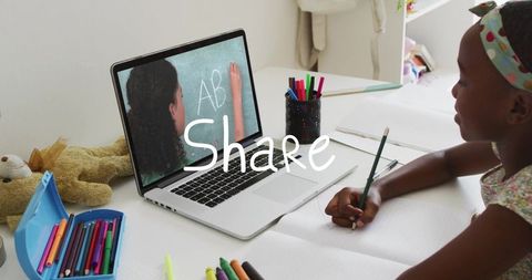 Girl Learning and Writing in Notebook with Virtual Chalkboard