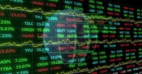 Holographic stock market grid with neon ticker symbols, percentages and data overlay