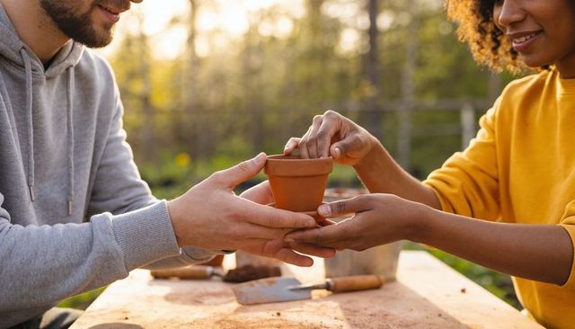 Closeup hands planting seeds in terracotta pot in backyard garden, teamwork and nurture