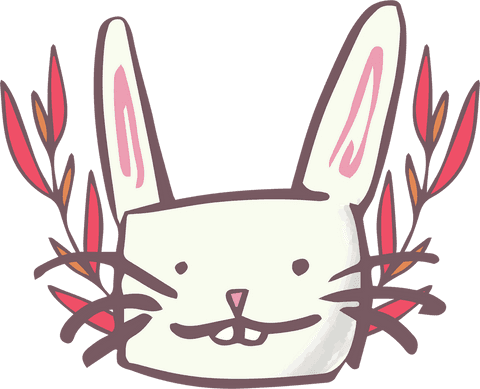 Whimsical rabbit face with floral details on transparent background