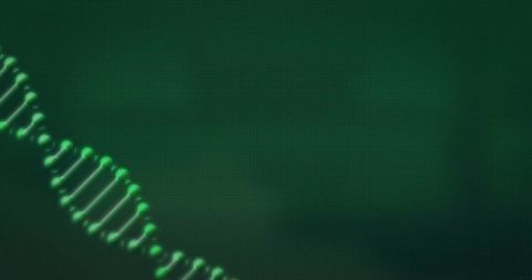 Glowing green dna double helix curving along digital lab monitor background