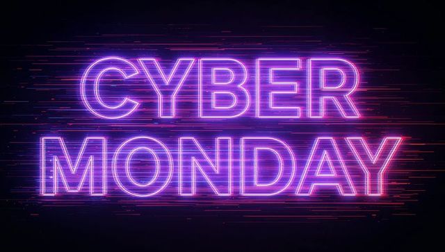 Neon cyber monday glitch text banner featuring futuristic purple and pink glow