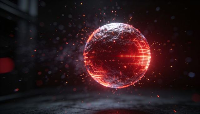 Glowing red holographic orb with circuit grid and dynamic sparks over dark surface