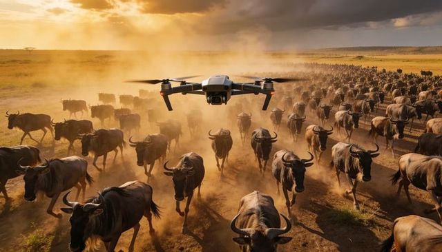 Quadcopter hovering over wildebeest herd spooking stampede across golden savanna at sunset