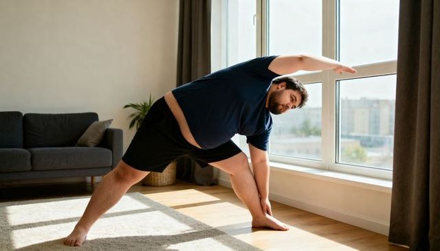 Plus-size man stretching wide-legged side bend by sunny window for home fitness routine