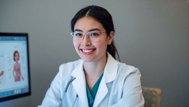 Smiling clinician in white coat consulting at desk with stethoscope and medical monitor