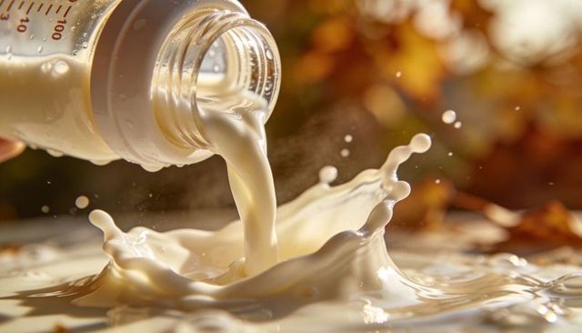 Pouring milk from marked baby bottle creating creamy crown splash in golden hour bokeh