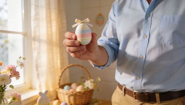 Man presenting pastel easter egg with ribbon, sunlit spring home and wicker basket