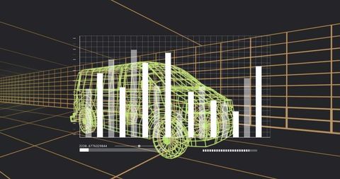 Neon Wireframe Vehicle with Bar Chart Analytics in 3D Grid Interface