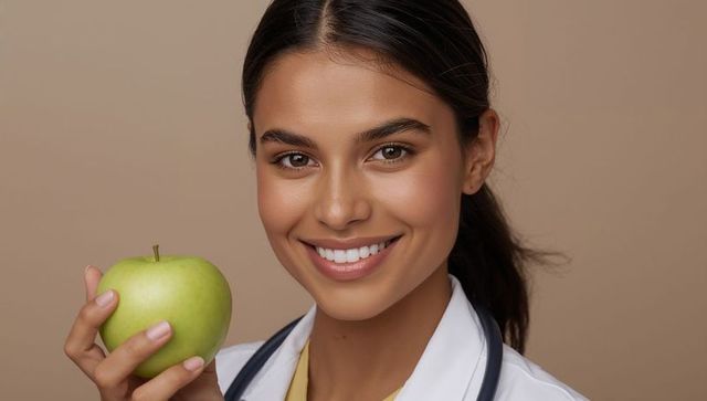 Smiling Female Doctor Holding Green Apple for Health and Nutrition Concept