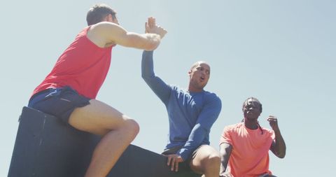 Diverse Fit Men Celebrating at Obstacle Course - Download Free Stock Images Pikwizard.com