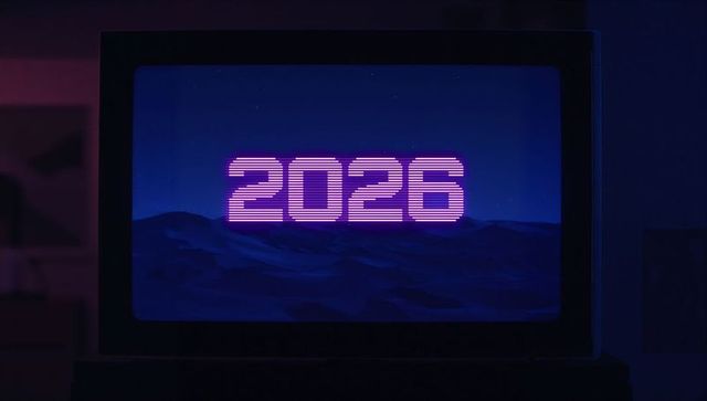 Retro crt displaying 2026 neon striped numbers over blue dunes purple magenta