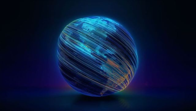 Neon Filament Globe Showing Americas with Digital Motion Lines and Blue Glow